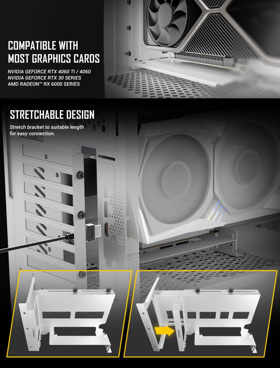 Antec Adjustable Vertical PCI Bracket withPCI-E 4.0 Cable Kit White (200mm) x 16 Speed, Gold Plated RTX 40xx and 5070 and AMD 6000 series(LS) - Image 1