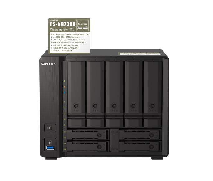 QNAP TS-h973AX 9-Bay NAS AMD Ryzen™ Embedded V1500B quad-core eight threads 2.2 GHz processor 32G Hot-swappable 2 x2.5GbE 1x10GBASE-T 4xUSB3.2 3YR WTY - Image 1
