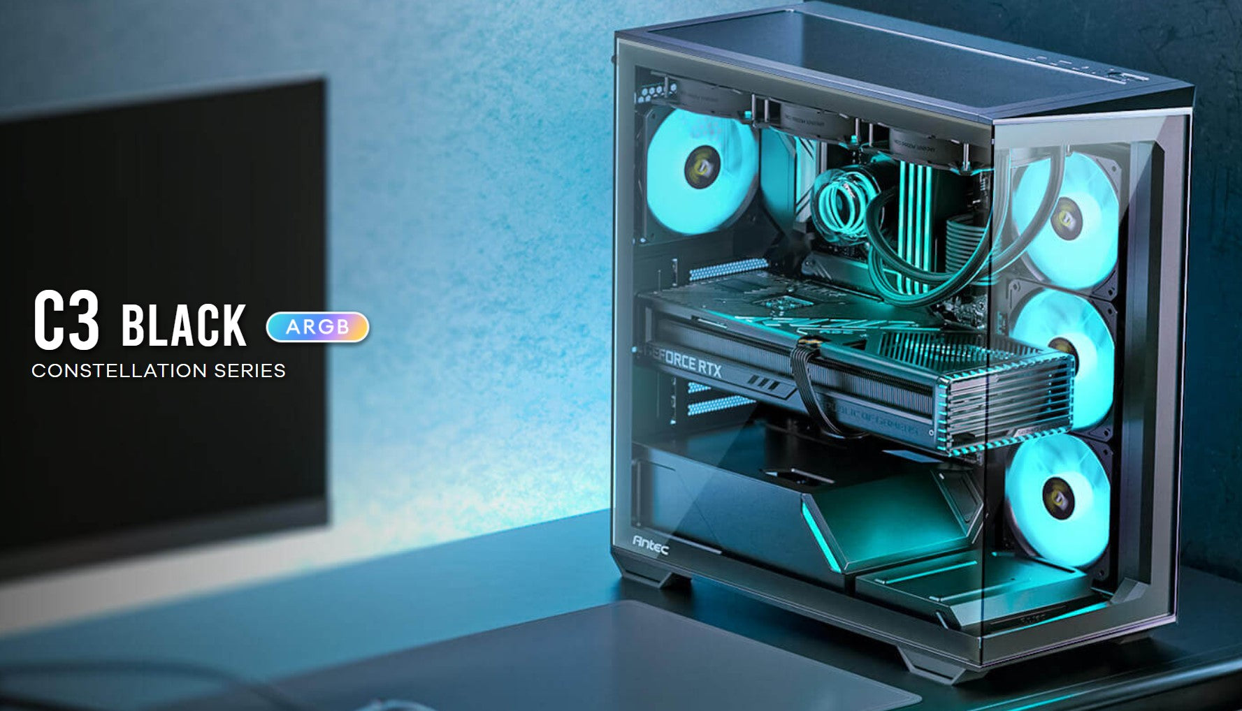 Antec C3 ARGB Black ATX,  270 Degrees View, 4x ARGB PWM Fans control, USB-C, 36CM top, 24cm Front. Cable Management, GPU 41.5 CM. Ultra Gaming Case - Image 3