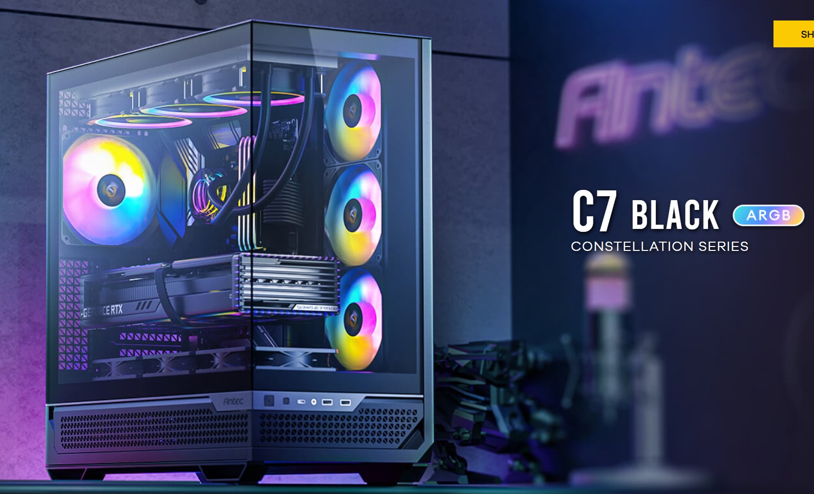 Antec C7-ARGB ATX,E-ATX Panoramic 270 View, USB-C, 4x ARGB PWM Fans. Side Radiator RTX 5090, 7900x, Back Connect MBs, Flip Door, Black Case - Image 2