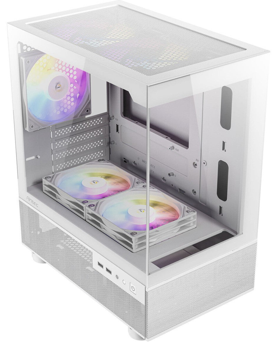 Antec CX200M RGB Elite, mATX, 270 degrees view, USB 3.0 x 2, Audio I/O Bottom. Mesh front and bottom. Clear Glass View, 5x RGB Fans. White Gaming Case - Image 1
