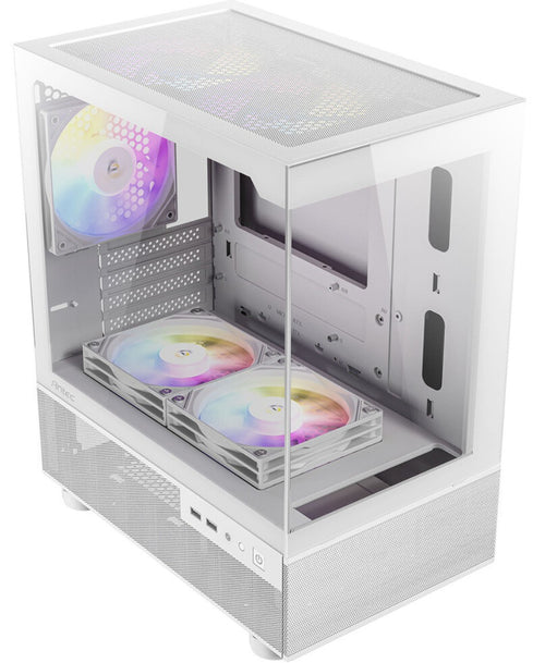 Antec CX200M RGB Elite, mATX, 270 degrees view, USB 3.0 x 2, Audio I/O Bottom. Mesh front and bottom. Clear Glass View, 5x RGB Fans. White Gaming Case - Image 1