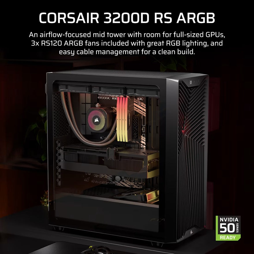 Corsair 3200D RS ARGB Mid-Tower PC Case -Black, ATX mATX ITX, TG panel, ARGB fans, 400mm GPU, 165mm CPU, 360mm rad, USB-C, 7 slots, 2x2.5 1x3.5, 2yr w - Image 4