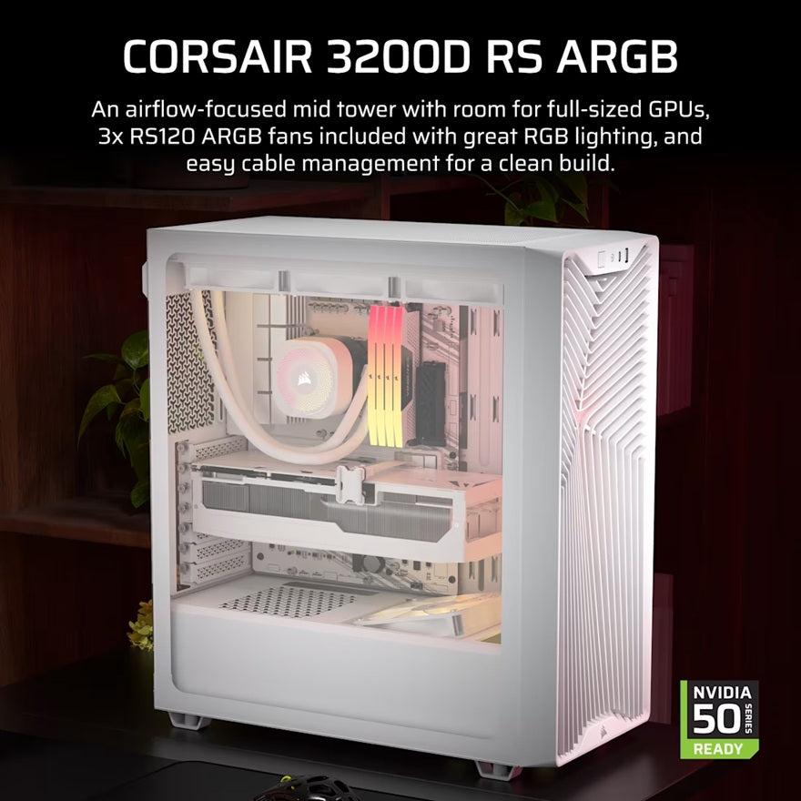 Corsair 3200D RS ARGB Mid-Tower PC Case- White, ATX mATX ITX, TG panel, ARGB fans, 400mm GPU, 165mm CPU, 360mm rad, USB-C, 7 slots, 2x2.5 1x3.5, 2yr w - Image 4