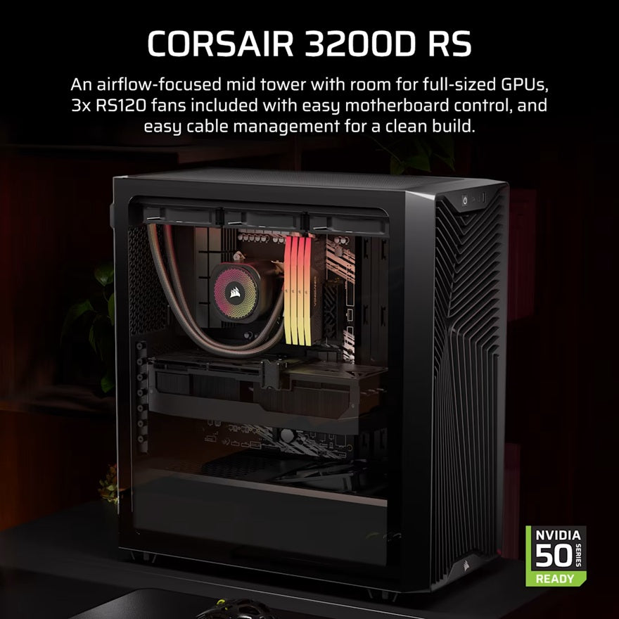 Corsair 3200D RS Mid-Tower PC Case - Black, ATX mATX ITX, TG panel, 400mm GPU, 165mm CPU, 360mm rad, USB-C, 7 slots, 2x2.5 1x3.5, 2yr wty, steel TG - Image 4