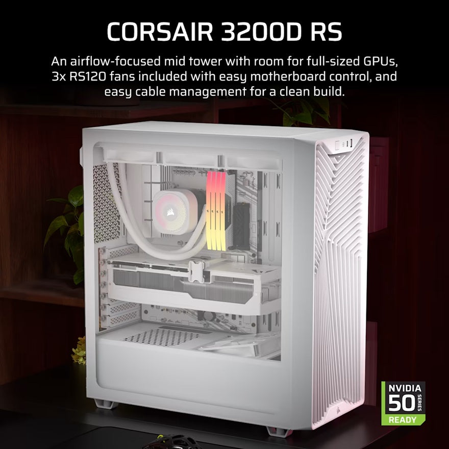 Corsair 3200D RS Mid-Tower PC Case - White, ATX mATX ITX, TG panel, 400mm GPU, 165mm CPU, 360mm rad, USB-C, 7 slots, 2x2.5 1x3.5, 2yr wty, steel TG - Image 4