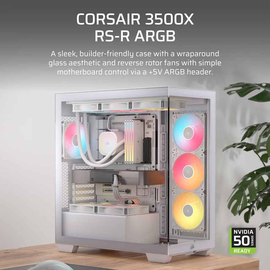 Corsair 3500X RS-R ARGB Mid-Tower PC Case - White, ARGB, ATX/E-ATX, Tempered Glass, 425mm GPU, 170mm CPU, 360mm radiator, USB-C, 2yr wty - Image 3