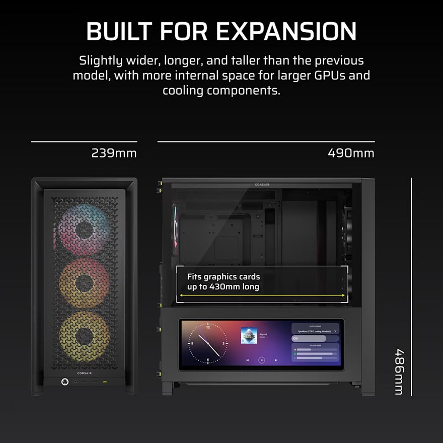 Corsair FRAME 4000D LCD RS ARGB Premium Mid-Tower PC Case - Black, ATX/E-ATX, TG panel, LCD, 430mm GPU, 170mm CPU clr, 360mm rad, USB-C, 2yr wty - Image 2