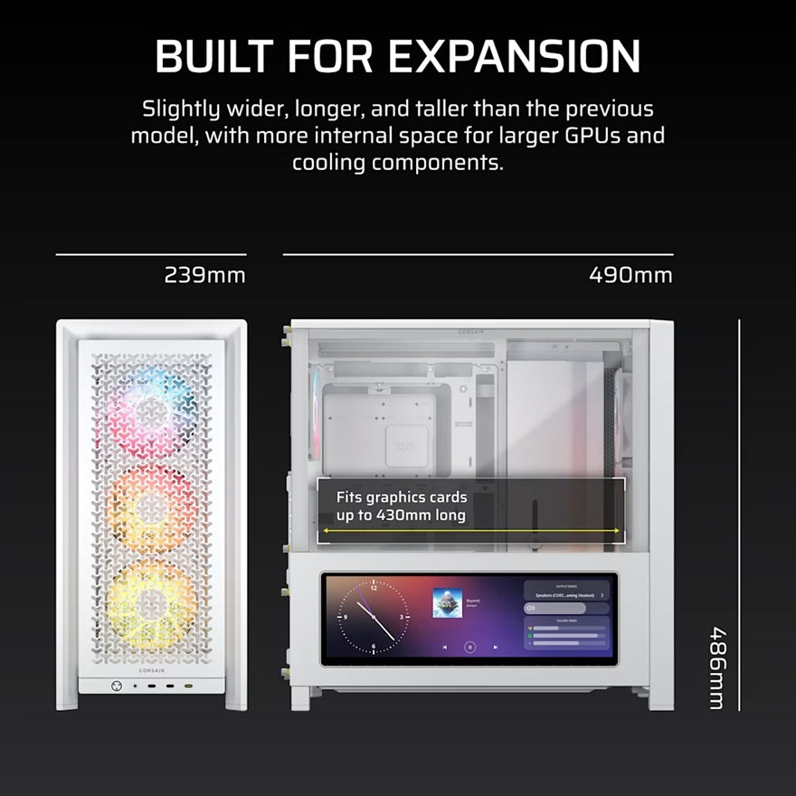 Corsair FRAME 4000D LCD RS ARGB Premium Mid-Tower PC Case- White, ATX/mATX/ITX/E-ATX, 486x490x239mm, 430mm GPU, 360mm rad, tempered glass - Image 2