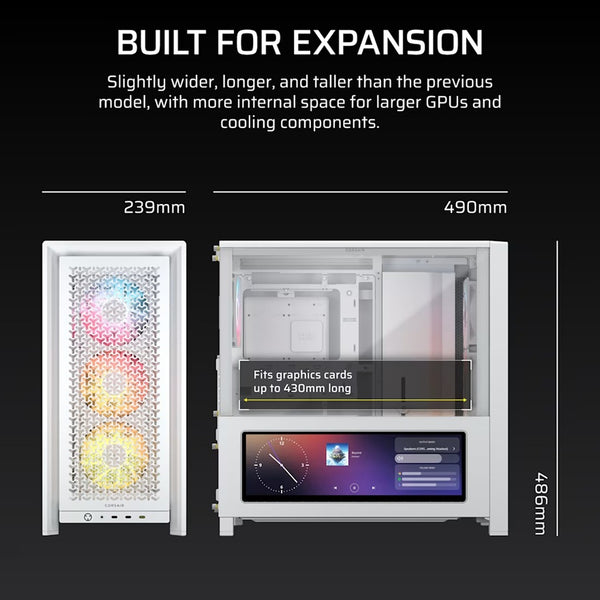 Corsair FRAME 4000D LCD RS ARGB Premium Mid-Tower PC Case- White, ATX/mATX/ITX/E-ATX, 486x490x239mm, 430mm GPU, 360mm rad, tempered glass