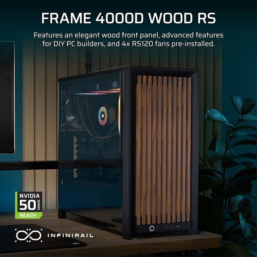 Corsair FRAME 4000D WOOD RS Modular Mid-Tower PC Case - White/Walnut, E-ATX ATX mATX ITX, TG wood, 430mm GPU, 170mm CPU, 360mm rad, USB-C, vert GPU - Image 4