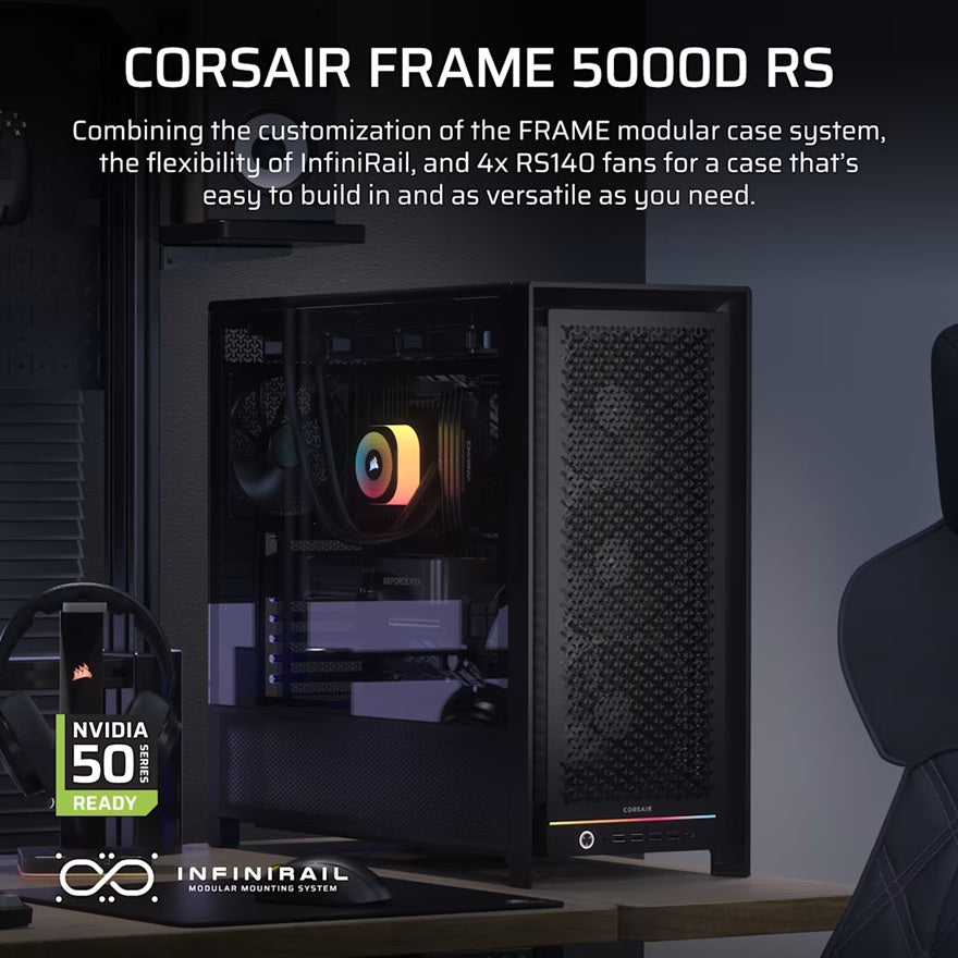 Corsair FRAME 5000D RS HIGH-AIRFLOW MID-TOWER PC CASE - BLACK, ATX, 450mm GPU, 175mm CPU cooler, 360mm rad, 4x RS140, 1x USB-C 3.2 Gen2 - Image 2