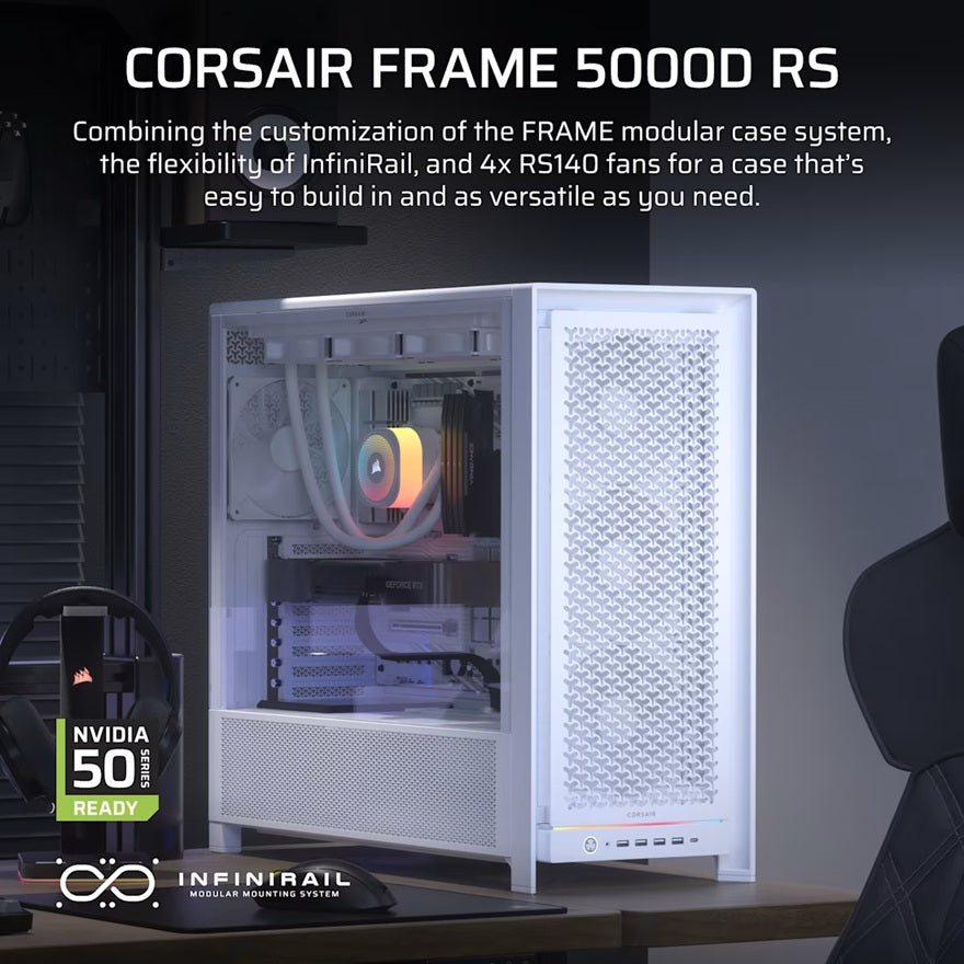 Corsair FRAME 5000D RS HIGH-AIRFLOW MID-TOWER PC CASE - WHITE, ATX, 450mm GPU, 175mm CPU cooler, 360mm rad, 4x RS140, 1x USB-C 3.2 Gen2 - Image 2