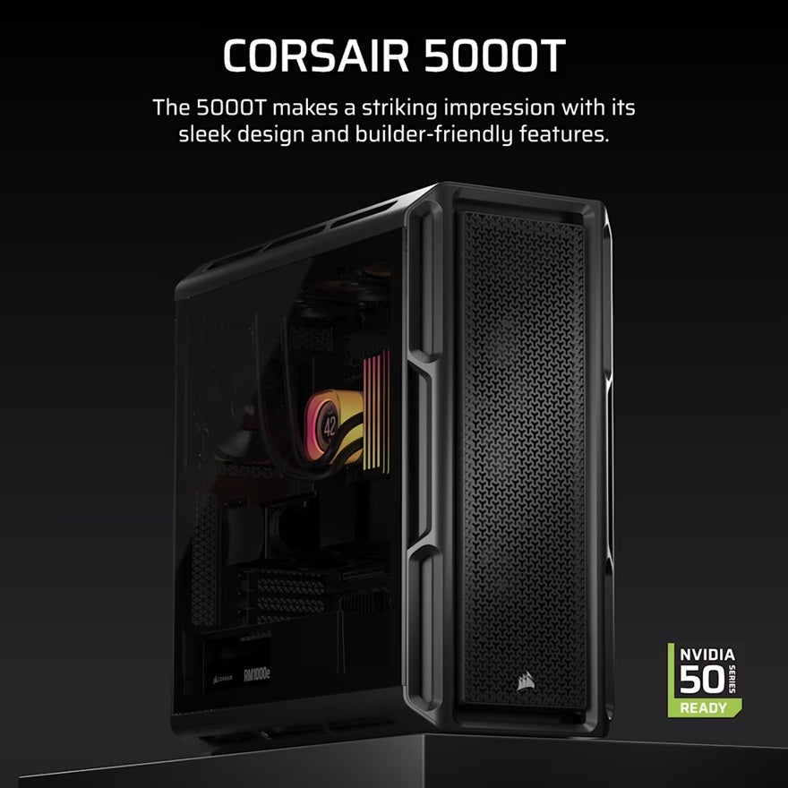 Corsair 5000T Mid-Tower High-Performance PC Case - Black, ATX, 450mm GPU, 250mm PSU, 170mm CPU cooler, 360mm rad, 1x USB-C 3.2 Gen2 - Image 3