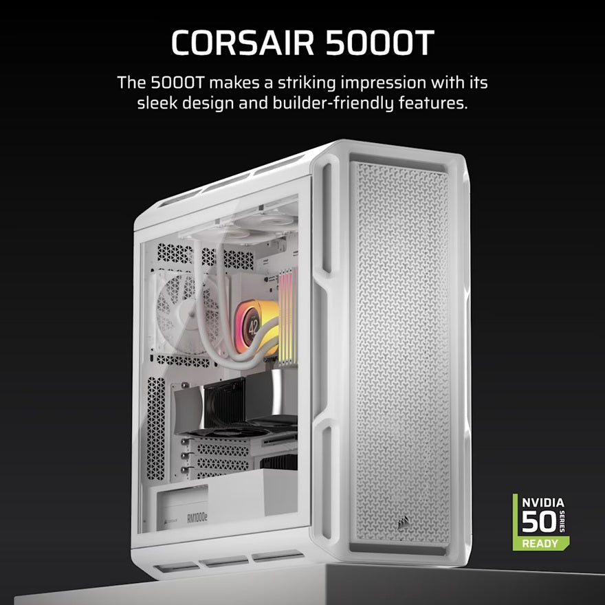 Corsair 5000T Mid-Tower High-Performance PC Case - White, ATX, 450mm GPU, 250mm PSU, 170mm CPU cooler, 360mm rad, 1x USB-C 3.2 Gen 2 - Image 3