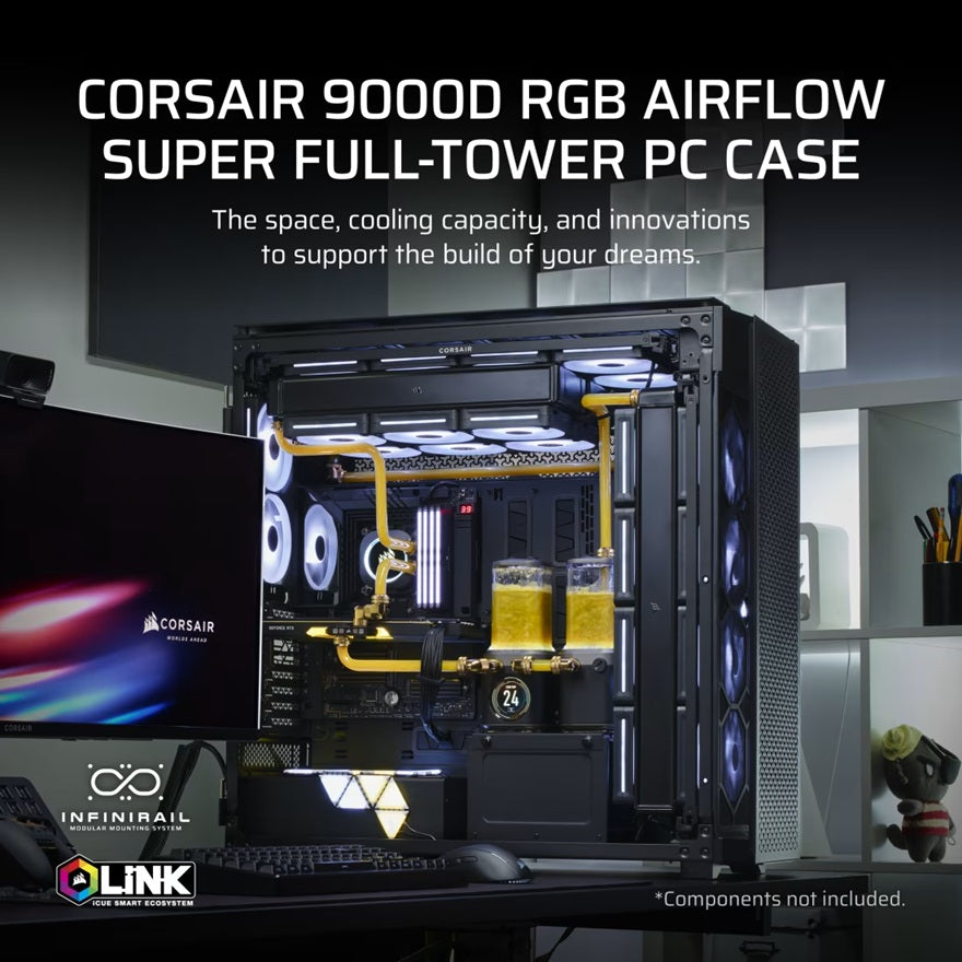 Corsair iCUE LINK 9000D RGB AIRFLOW Super Full-Tower PC Case - Black, 698×307×698mm, GPU 580mm, 6x 2.5", 5x 3.5", rad 480mm, 2x USB-C 180mm CPU Cooler - Image 4