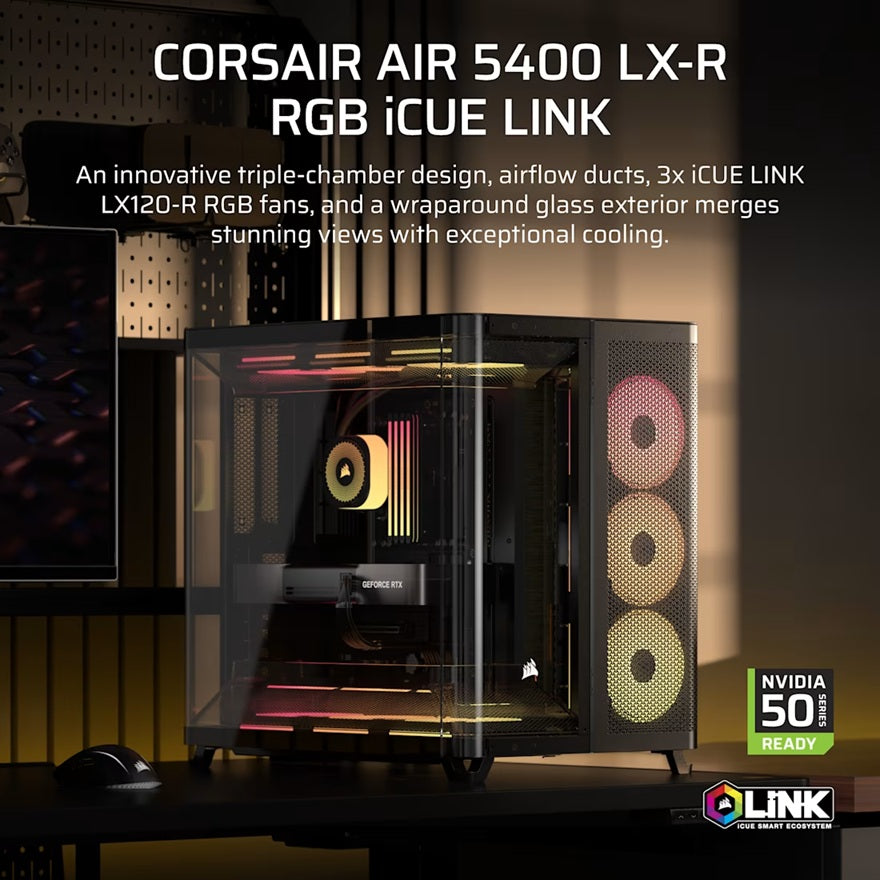 Corsair AIR 5400 LX-R RGB iCUE LINK Triple Chamber Mid-Tower PC Case - Black; ATX/E-ATX; 467x470x340mm; TG; 360GPU; 180CPU; 360RAD; USB-C - Image 2