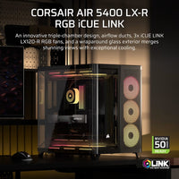 Corsair AIR 5400 LX-R RGB iCUE LINK Triple Chamber Mid-Tower PC Case - Black; ATX/E-ATX; 467x470x340mm; TG; 360GPU; 180CPU; 360RAD; USB-C - Image 2