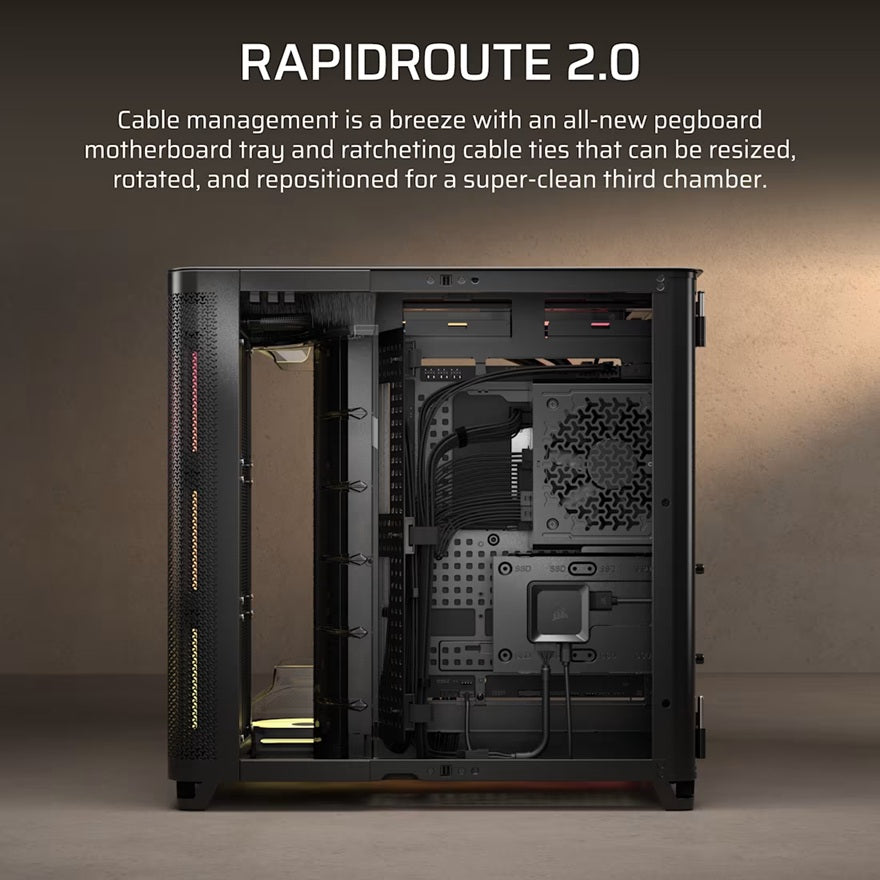 Corsair AIR 5400 LX-R RGB iCUE LINK Triple Chamber Mid-Tower PC Case - Black; ATX/E-ATX; 467x470x340mm; TG; 360GPU; 180CPU; 360RAD; USB-C - Image 4