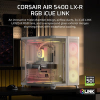 Corsair AIR 5400 LX-R RGB iCUE LINK Triple Chamber Mid-Tower PC Case - White; ATX/E-ATX; 467x470x340mm; TG; 360GPU; 180CPU; 360RAD; USB-C - Image 2