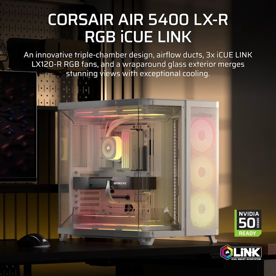 Corsair AIR 5400 LX-R RGB iCUE LINK Triple Chamber Mid-Tower PC Case - White; ATX/E-ATX; 467x470x340mm; TG; 360GPU; 180CPU; 360RAD; USB-C - Image 2