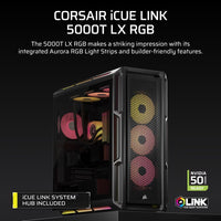 Corsair iCUE LINK 5000T LX RGB Mid-Tower High-Performance PC Case - Black, ATX, 450mm GPU, 170mm CPUcooler, 360mm rad, 3x LX120 RGB, 1x USB-C 3.2 Gen2 - Image 2