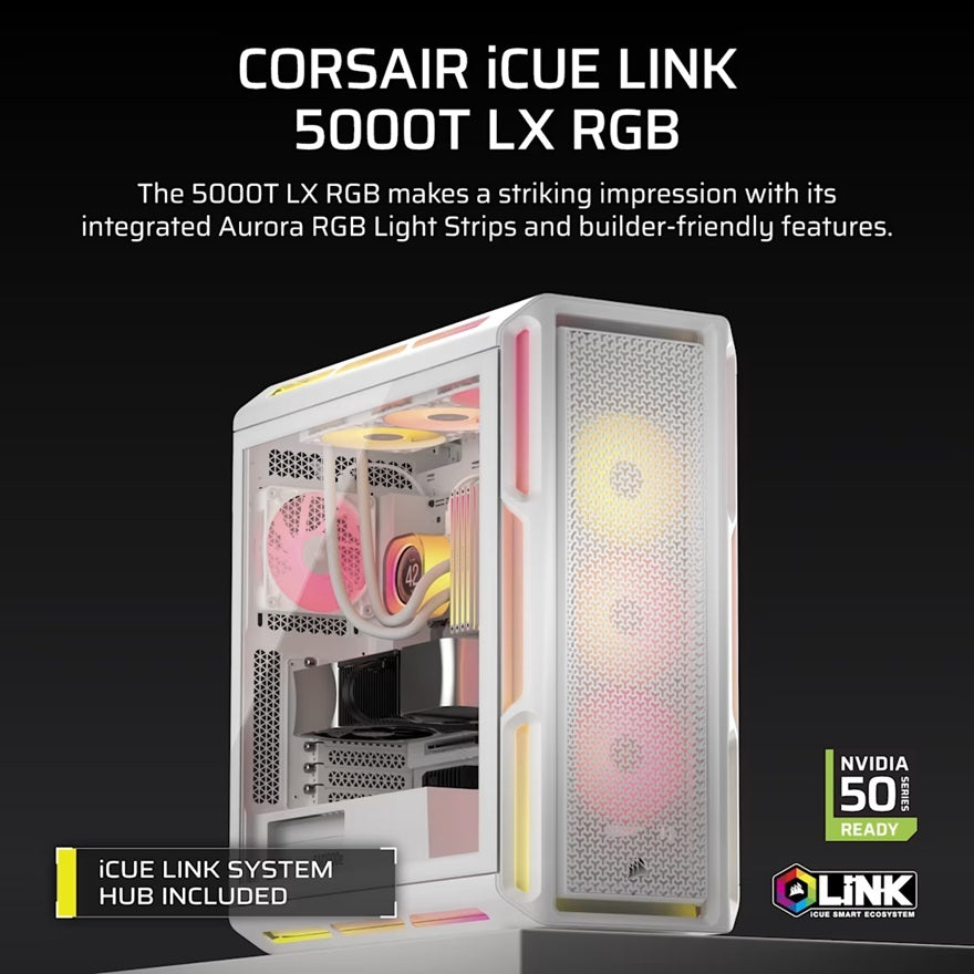Corsair iCUE LINK 5000T LX RGB Mid-Tower High-Performance PC Case - White, ATX, 450mm GPU, 170mm CPUcooler, 360mm rad, 3x LX120 RGB, 1x USB-C 3.2 Gen2 - Image 2