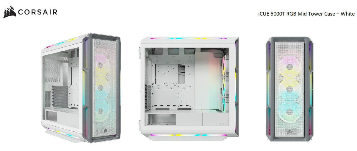 Corsair iCUE 5000T RGB ATX Mid-Tower Case, USB Type-C, 160 RGB LED, Rapid Route, Maximum Cooling, Tool Free Hinged Side Panels, White (LS) - Image 1
