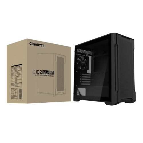 Gigabyte C102 GLASS BlackMid Tower case, Mini ITX / Micro ATX, 5x Expansion slots, 2x 3.5" Drive Support, 3x 2.5" Drive Support, 2x USB 3.0, 120mm Fan - Image 1