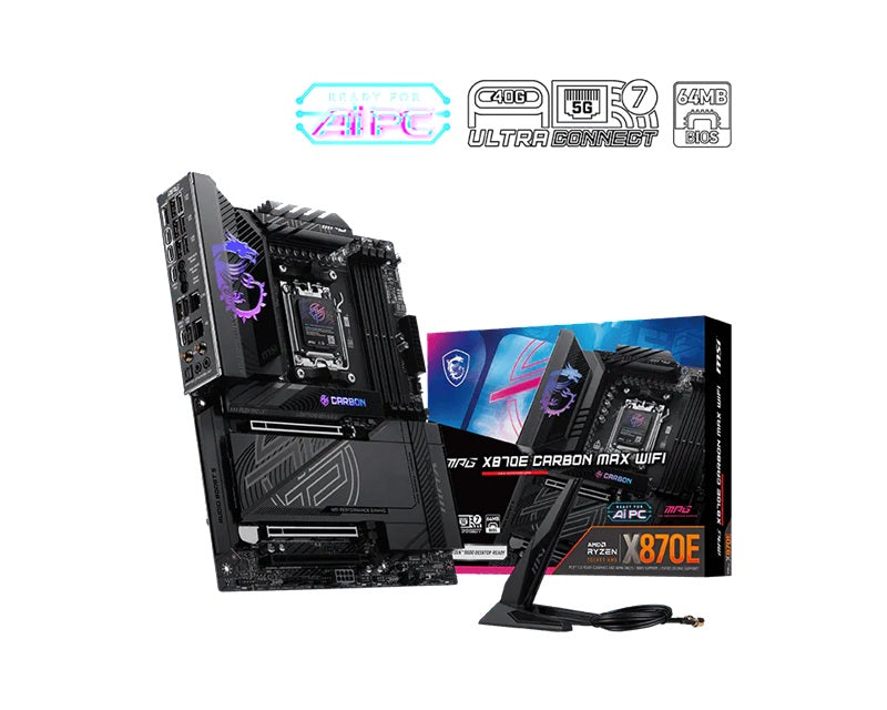 MSI MPG X870E CARBON MAX, AM5, AMD X870E, DDR5 9000+ OC, PCIe 5.0, Wi-Fi 7, Dual LAN 5G/2.5G, USB4 40Gbps, 4× M.2 - Image 1
