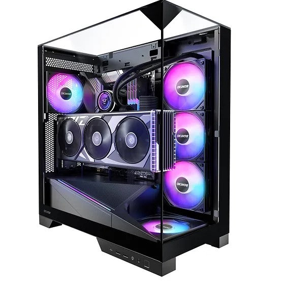 OKINOS AQ93 3-Sided Pannoramic ViewTempered Glass ,ATX USB-C, Pre-Installed 2×120mm ARGB PWM Fan, Mid Tower Case - Image 1