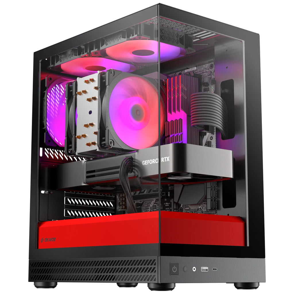 OKINOS AQUA UNO SCARLET, Mini Tower, Micro-ATX/ITX, 270° Tempered Glass, USB-C 5Gbps, 3× ARGB Fans, 309mm GPU, Dust Filters - Image 5