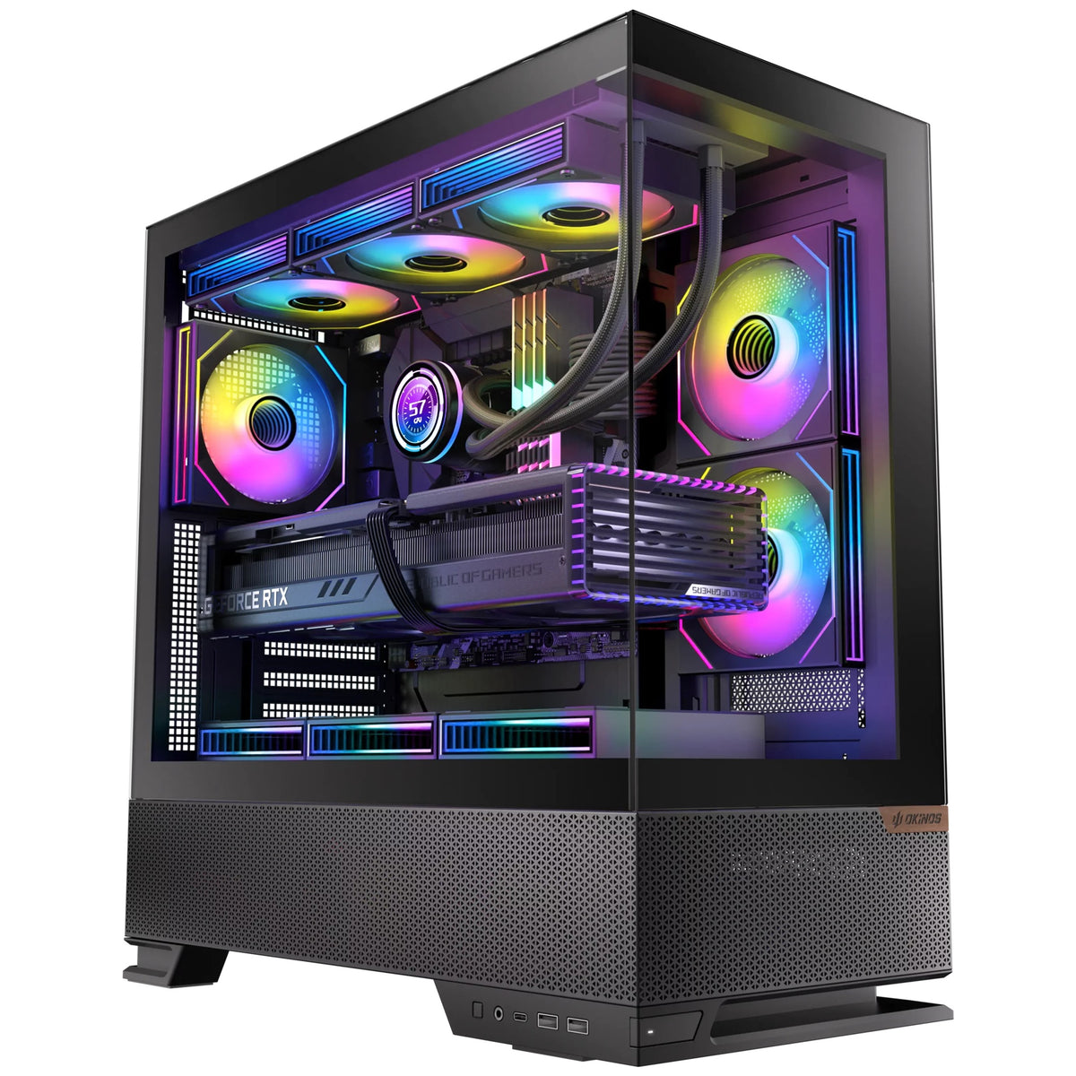 OKINOS Aqua 6 Infinity - Black, Mid Tower, ATX/Micro-ATX/ITX, 270° TG, USB-C 10Gbps, 3× ARGB PWM Fans, 360mm Rad, 435mm GPU - Image 5