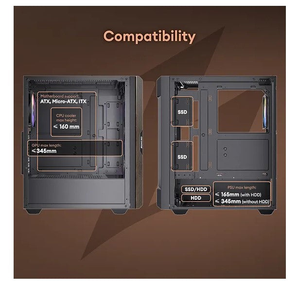 OKINOS Cypress P5 ARGB Oak Wood Trim ATX, 4x120mm ARGB Non-PWM Fans Pre-Installed,Type-C,Tempered Glass Side Panel,Black Mid-Tower Case - Image 2