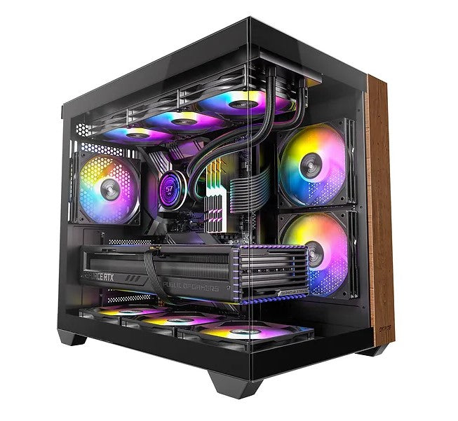 OKINOS M6 ARGB ATX Genuine Walnut Wood, Panoramic View, Type-C, 4 x120mm ARGB & PWM Fans included,Tempered Glass Side Panel, Black,  Case - Image 3