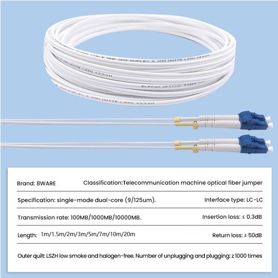 8ware 7m LC-LC OS2 Single Mode Dual-Core Fibre / Fiber Optic Cable UPC Duplex Armoured Low Smoke Zero Halogen (LSZH) Jacket White