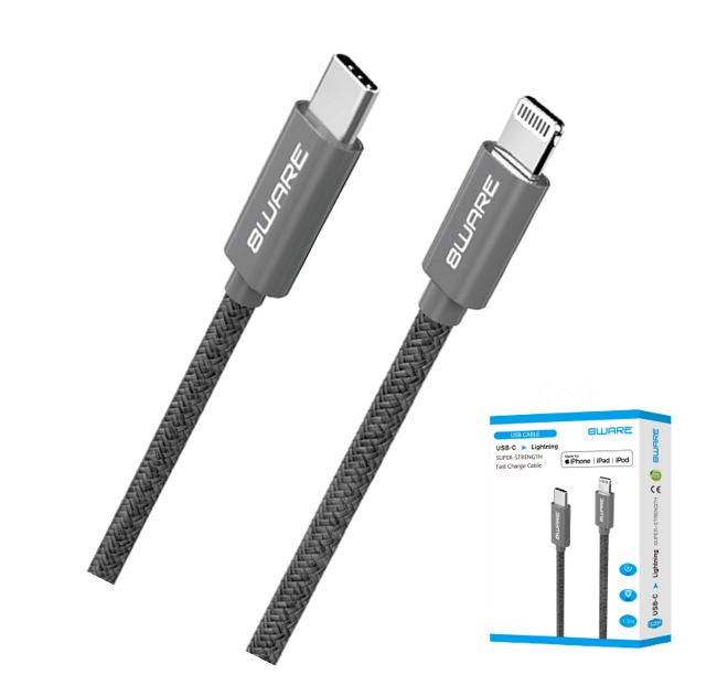 8ware 1.5m Super Ultra USB-C to Lightning Cable Super Fast charging Strength Aluminium flexible nylon Apple iPone iPad iPod Mac Retail Pack - Image 1