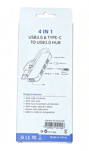 Astrotek 4 Port High speed USB3.0 HUB U-Disk USB-A Keyboard Mouse Gamepad with USB A adapter Compatible with both USB A and USB C - Image 3