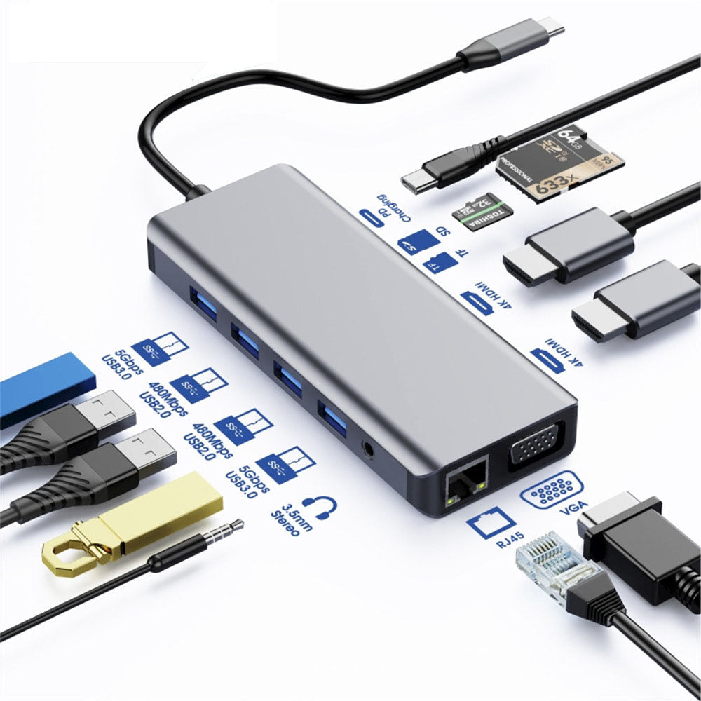 Astrotek USB-C Dock 12-in-1 Multiport Hub/Docking Station with 100W Power 2xHDMI 4K VGA GLAN 2xUSB3.0 2xUSB2.0 Card Reader for HP Lenovo Asus MacBook - Image 1