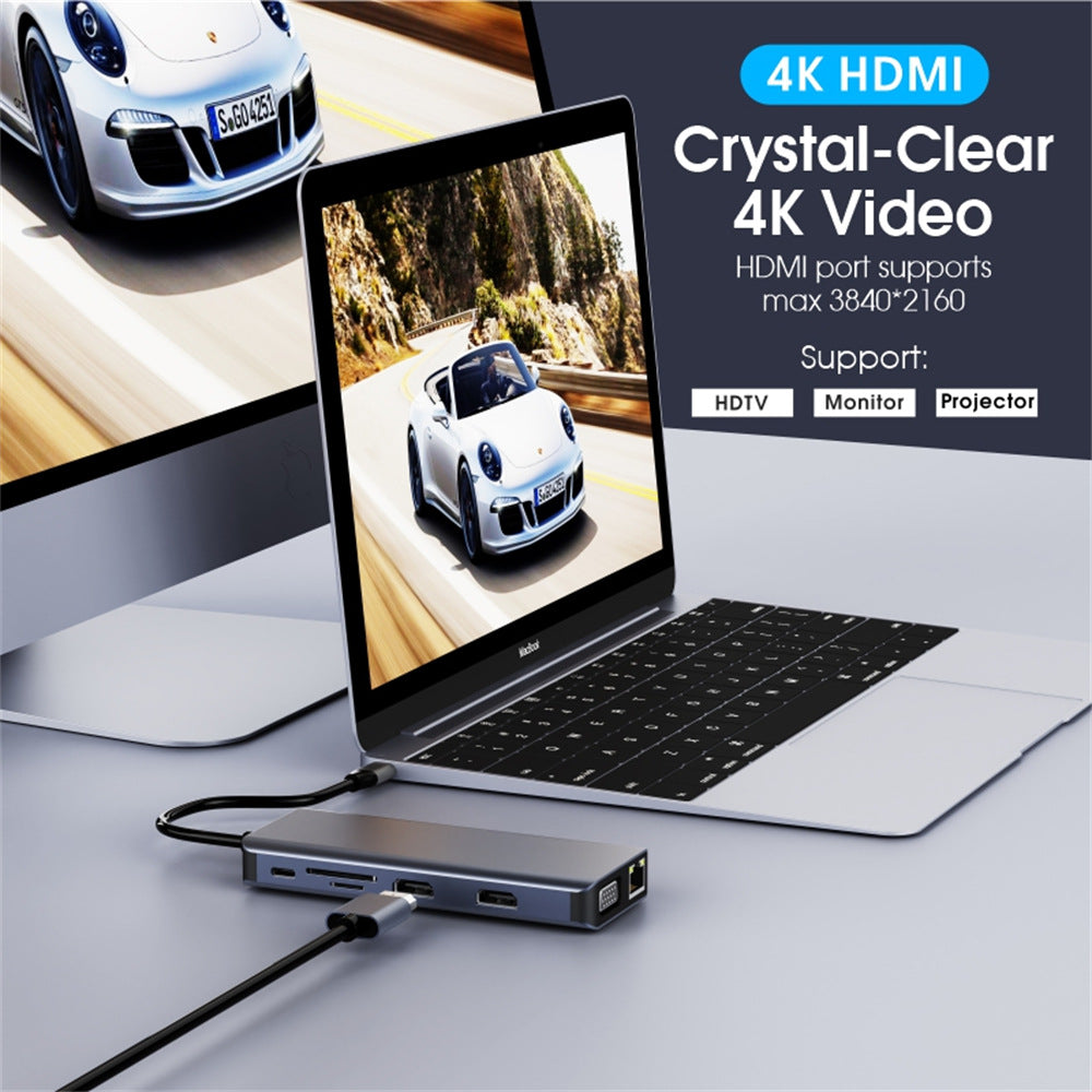 Astrotek USB-C Dock 12-in-1 Multiport Hub/Docking Station with 100W Power 2xHDMI 4K VGA GLAN 2xUSB3.0 2xUSB2.0 Card Reader for HP Lenovo Asus MacBook - Image 3