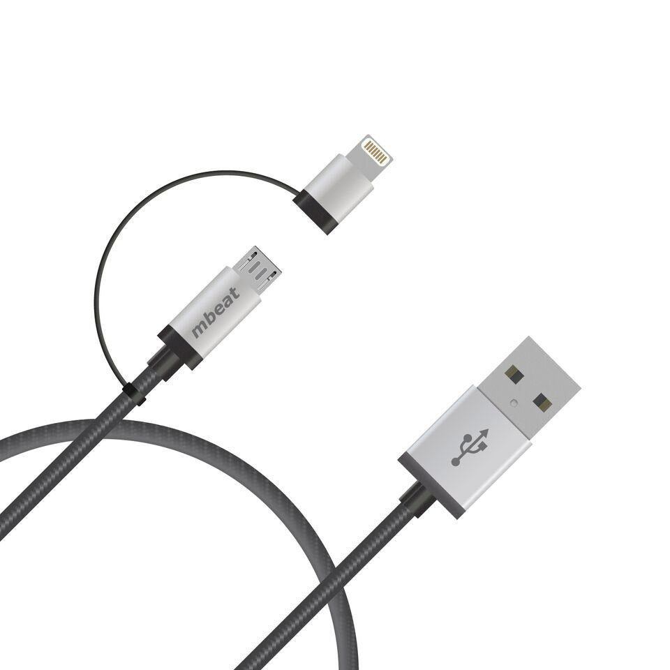 (LS) mbeat® 1m Lightning and Micro USB Data Cable - 2-in-1/Aluminmum Shell Crush-Proof/Nylon Braided/Silver/ Apple/Andriod Tablet Mobile Device - Image 2