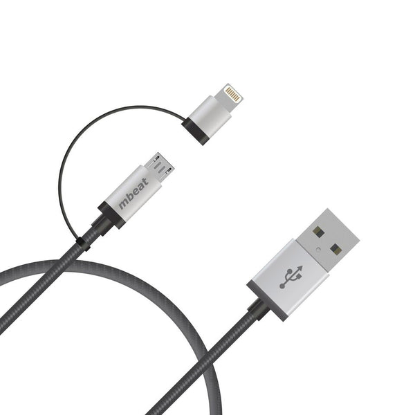 (LS) mbeat® 1m Lightning and Micro USB Data Cable - 2-in-1/Aluminmum Shell Crush-Proof/Nylon Braided/Silver/ Apple/Andriod Tablet Mobile Device
