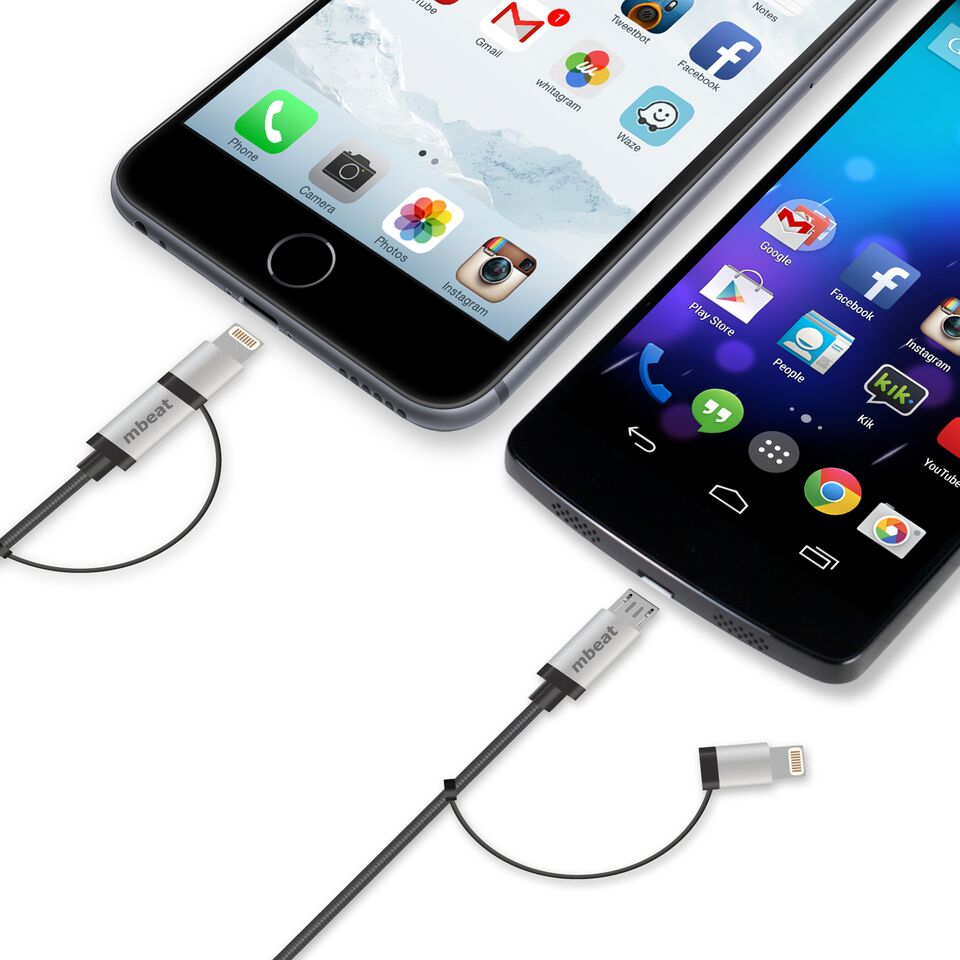 (LS) mbeat® 1m Lightning and Micro USB Data Cable - 2-in-1/Aluminmum Shell Crush-Proof/Nylon Braided/Silver/ Apple/Andriod Tablet Mobile Device - Image 4