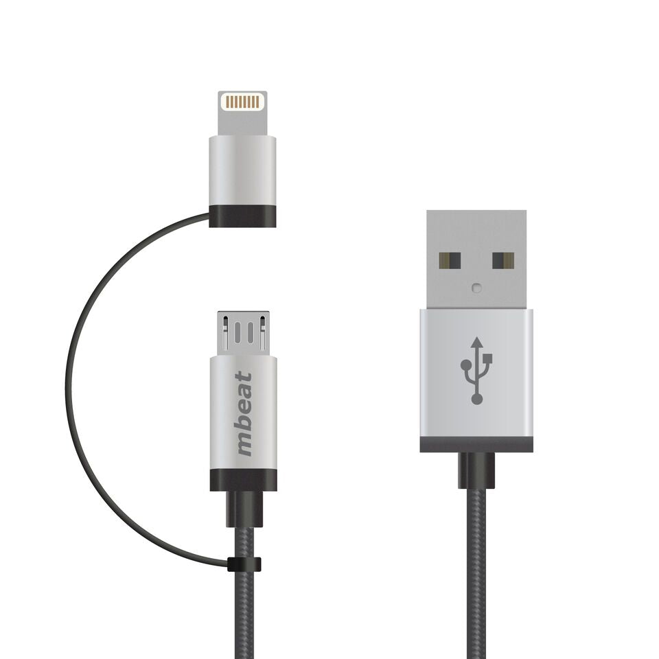 mbeat® 1m Lightning and Micro USB Data Cable - 2-in-1/Aluminmum Shell Crush-Proof/Nylon Braided/Silver/ Apple/Andriod Tablet Mobile Device - Image 1