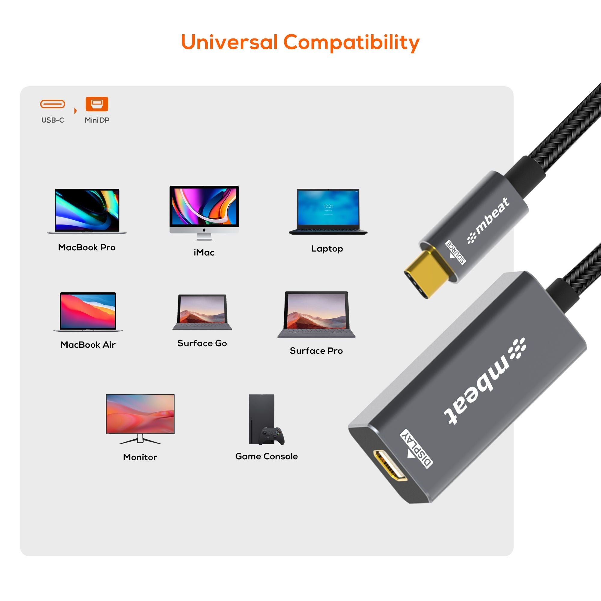 mbeat® Tough Link USB-C to Mini DisplayPort Adapter  Host Interface: USB-C 3.2 Gen 2 Up to 4K@60Hz (3840×2160) Product Weight: 19.2g - Image 3