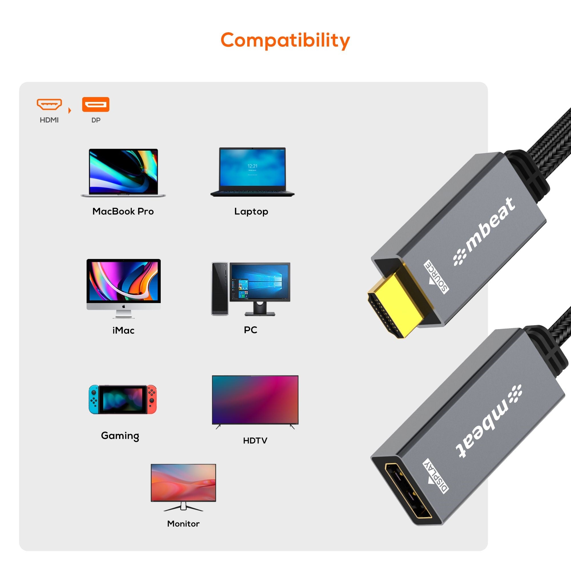 mbeat® Tough Link HDMI to DisplayPort Adapter with USB Power  Seamless Signal Transfer  Plug-and-Play Convenience Cable Length: 15cm Package - Image 3