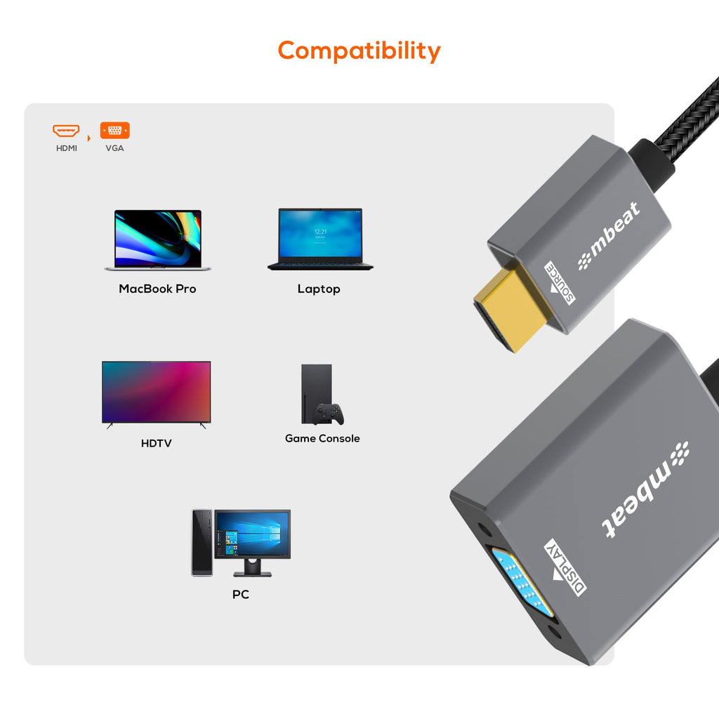 mbeat® Tough Link HDMI to VGA Adapter  HDMI Support Version: 2.1  Cable Length: 15cm  Up to 1080p@60Hz (1920×1080).Package Weight: 61.7g - Image 3
