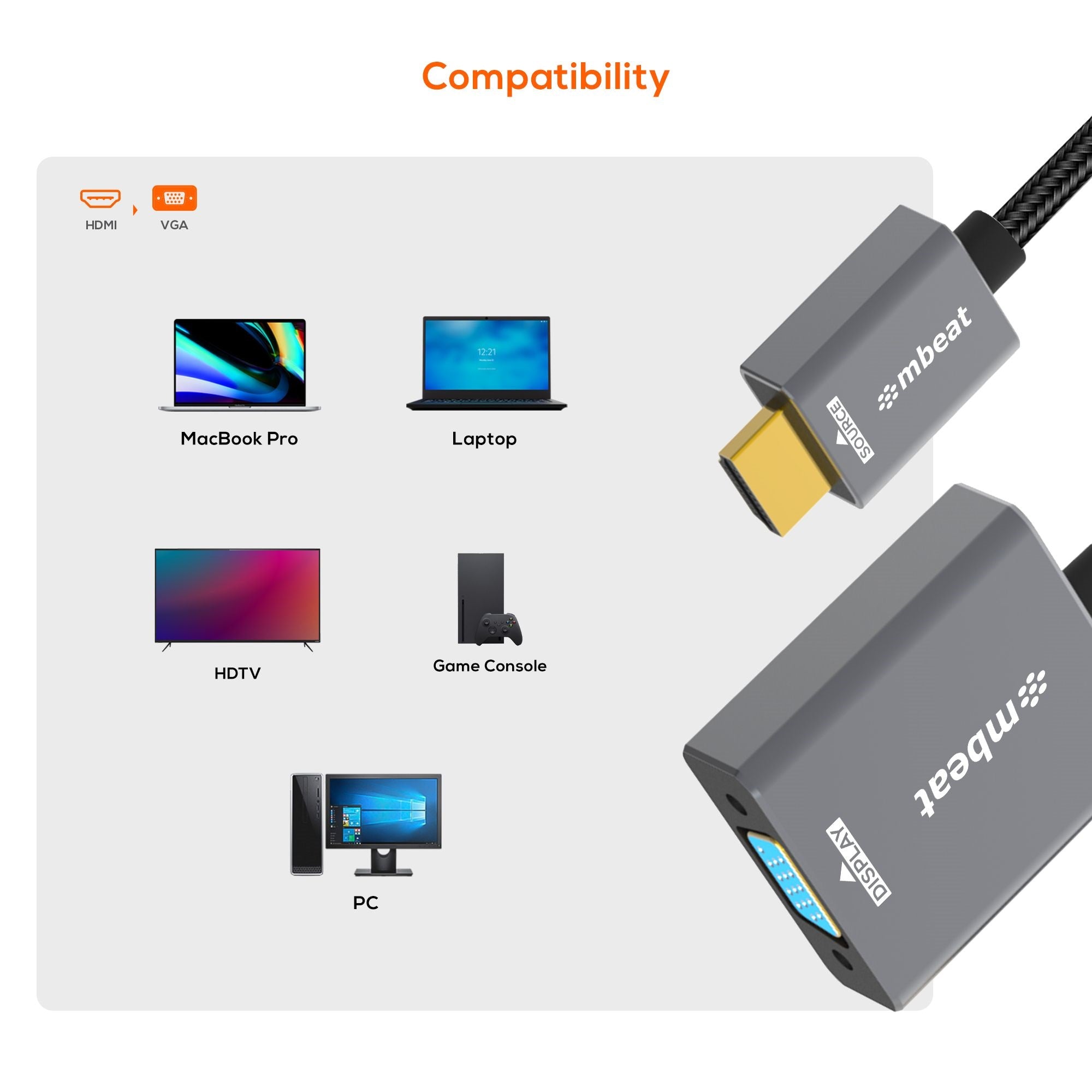 mbeat® Tough Link HDMI to VGA Adapter  HDMI Support Version: 2.1  Cable Length: 15cm  Up to 1080p@60Hz (1920×1080).Package Weight: 61.7g - Image 3