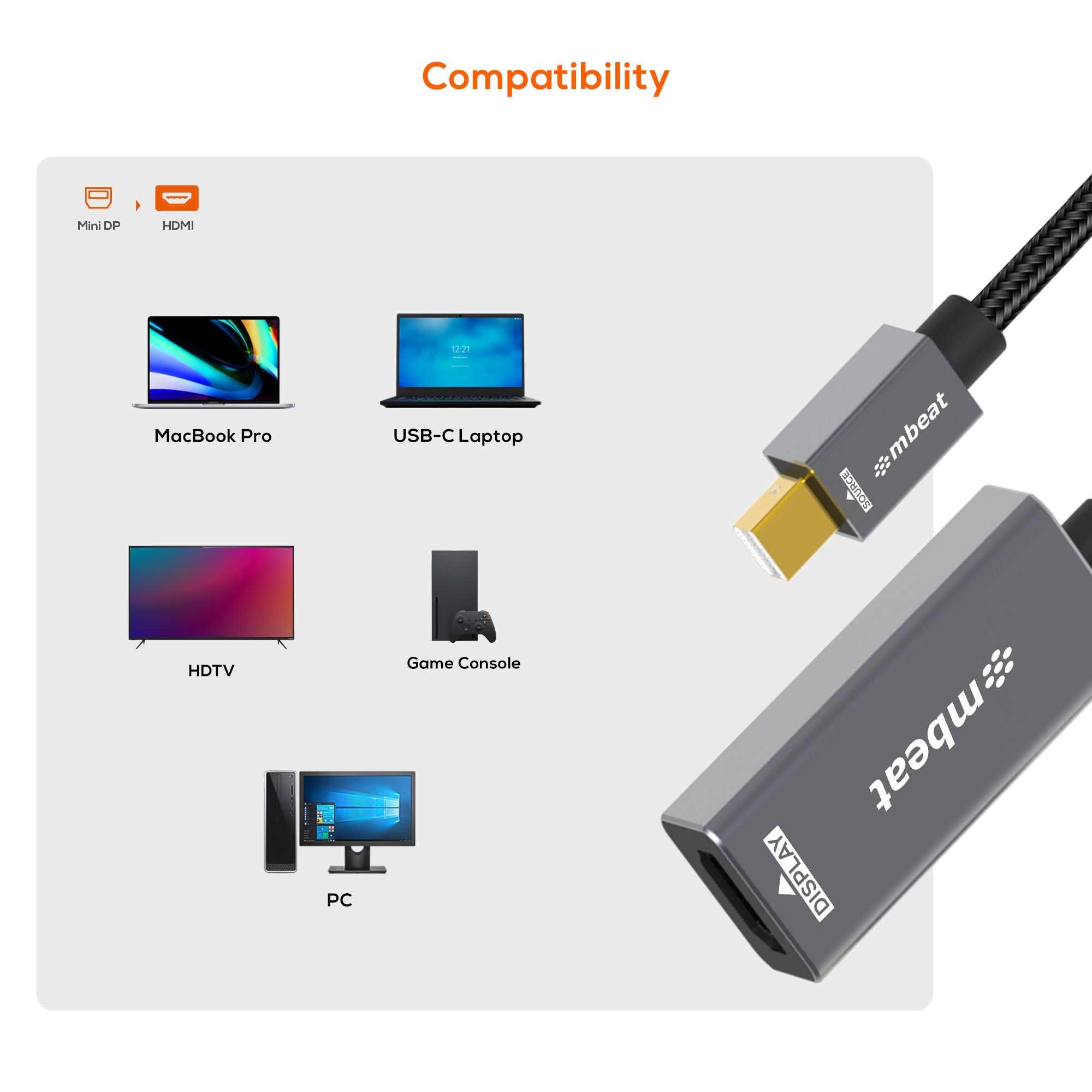 mbeat® Tough Link Mini DisplayPort to HDMI Adapter  Seamless Connectivity  HDMI Version: 1.3  1080p@60Hz HD display Package Weight: 42.5g - Image 3