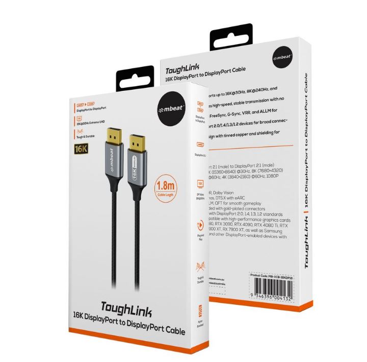 mbeat® Tough Link 1.8m 16K DP to DP Cable - Space Grey 40Gbps 180cm × 2.2cm × 1.10cm - Image 3